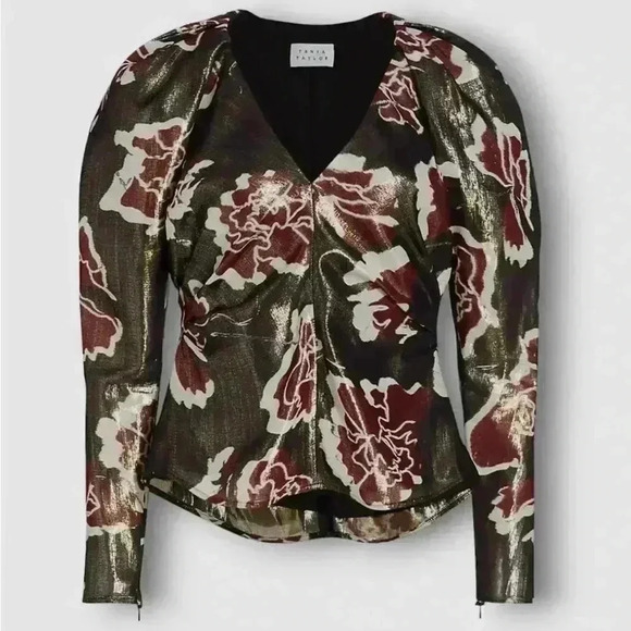 Tanya Taylor Cameron top zip Sleeve Top Blouse Black red NWT SZ  4 - Picture 1 of 12